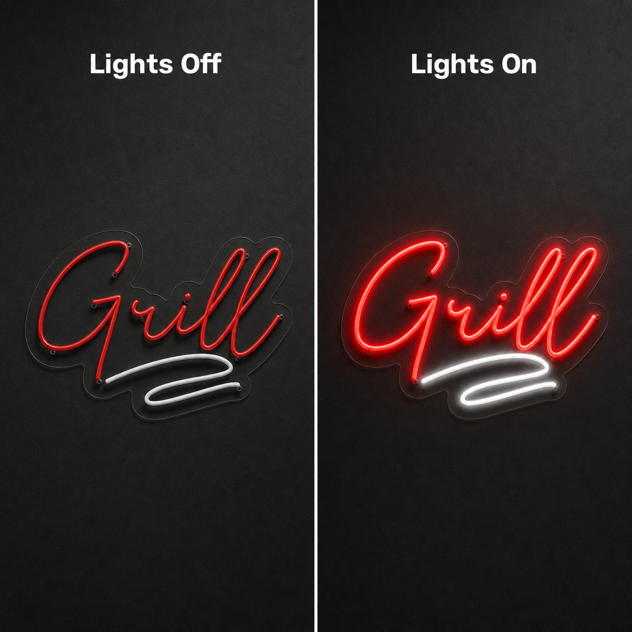Grill Script LED Neon Sign day and night comparison