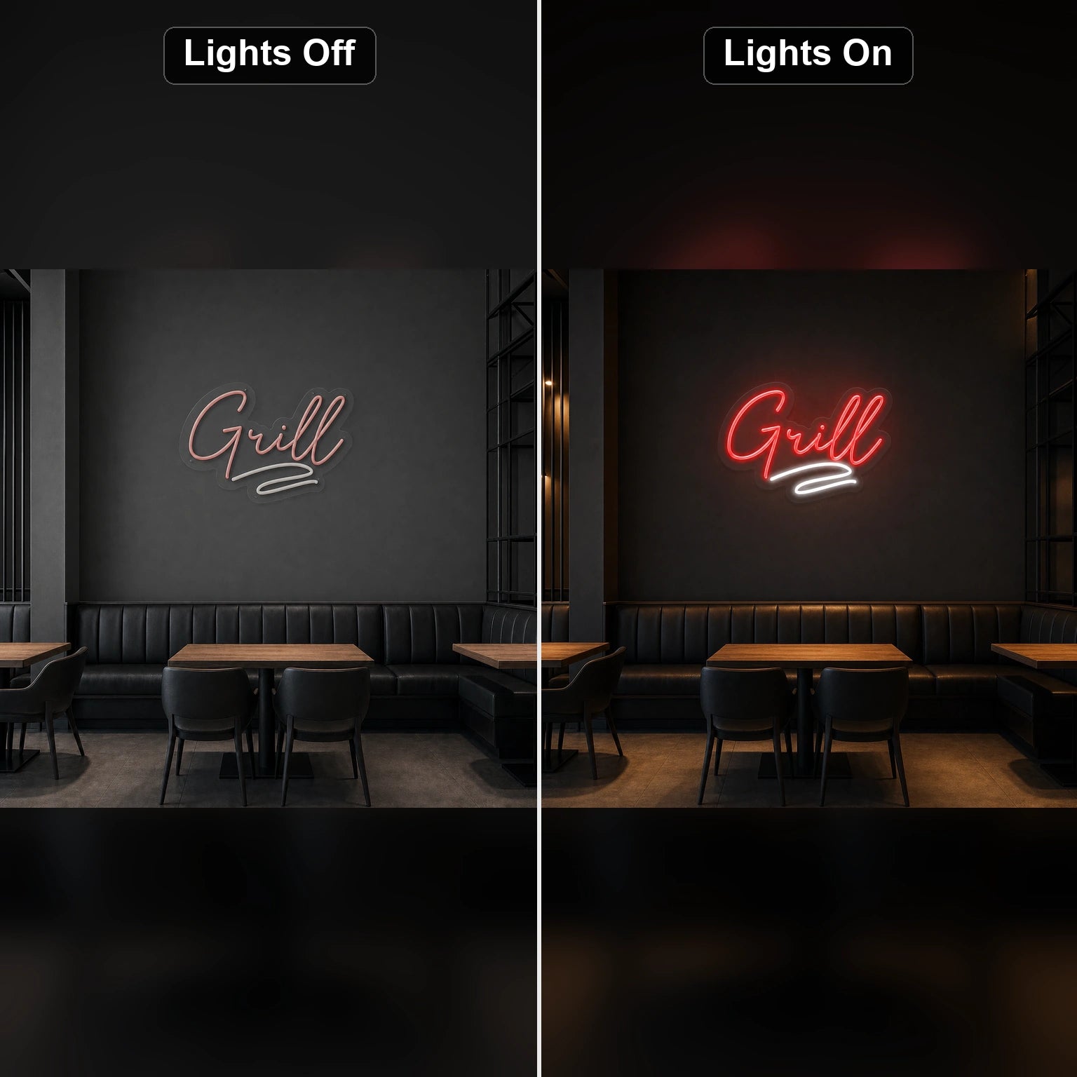 Grill Script LED Neon Sign Home Garage Wall Decoration day and night comparison
