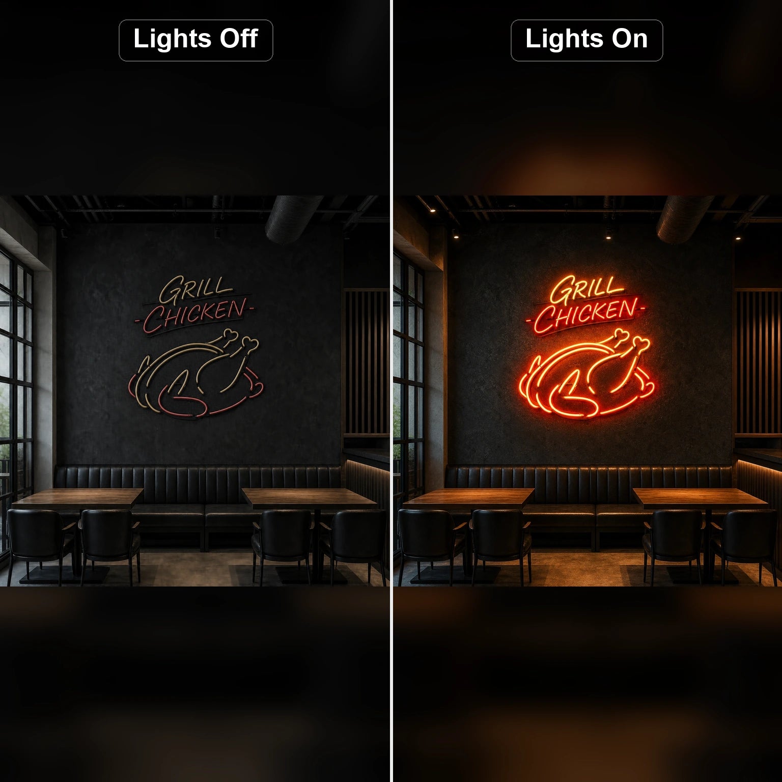 Grilled Chicken LED Neon Sign Home Garage Wall Decoration day and night comparison