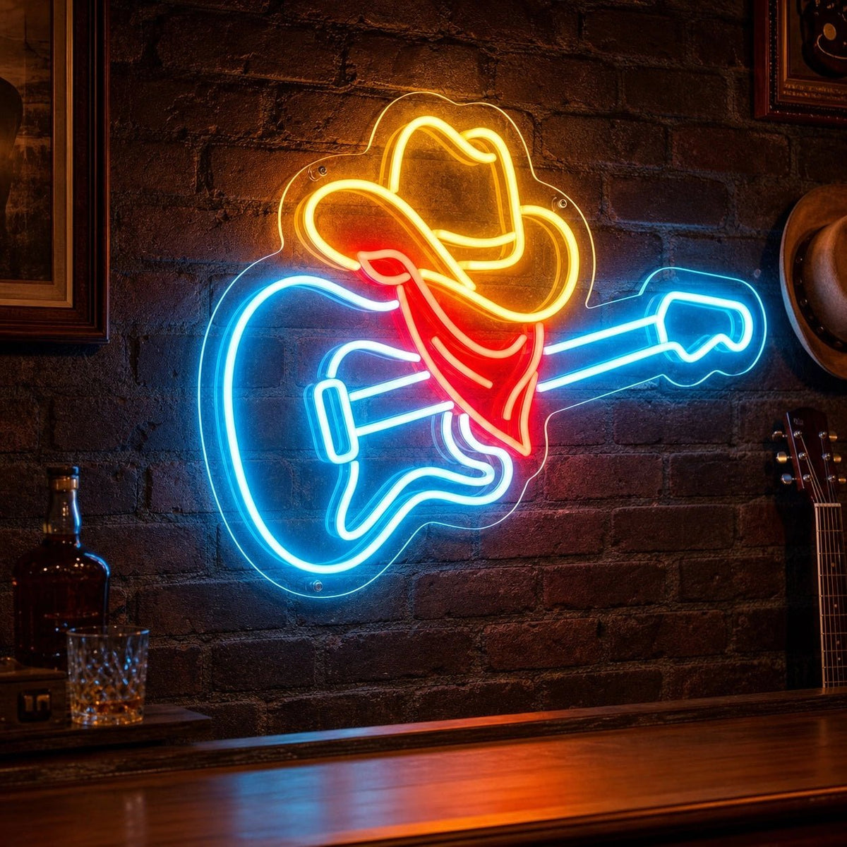 Guitar Cowboy Hat And Bandana LED Neon Sign - Shineneon