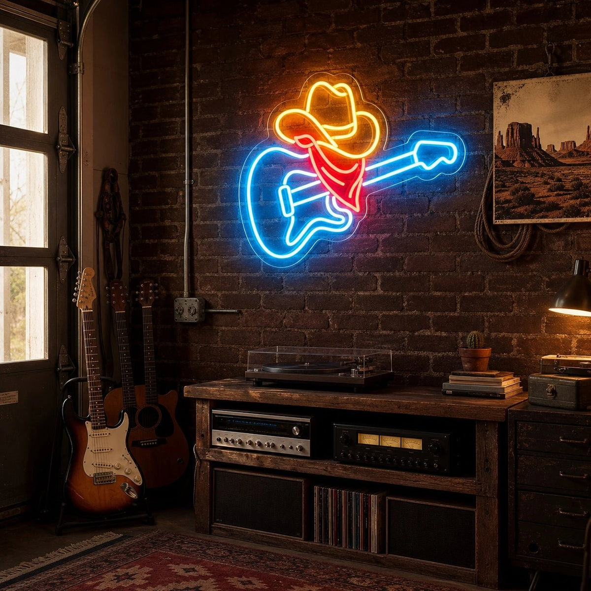 Guitar Cowboy Hat And Bandana LED Neon Sign - Shineneon