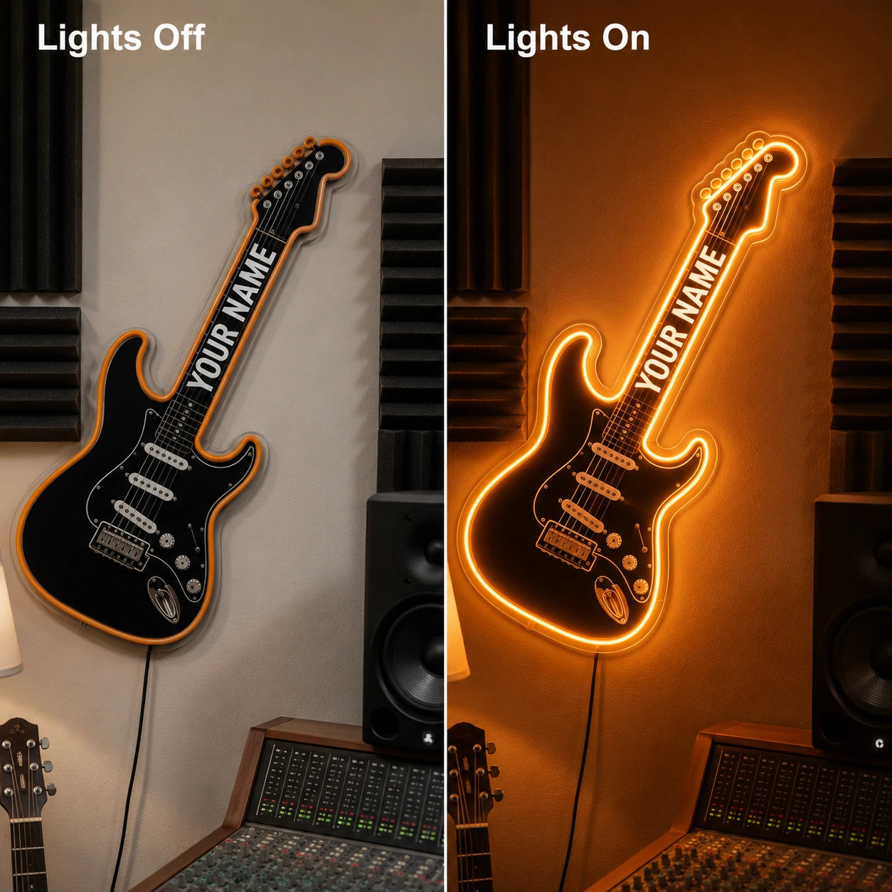 Guitar Studio Neon Sign LED Neon Sign day and night comparison