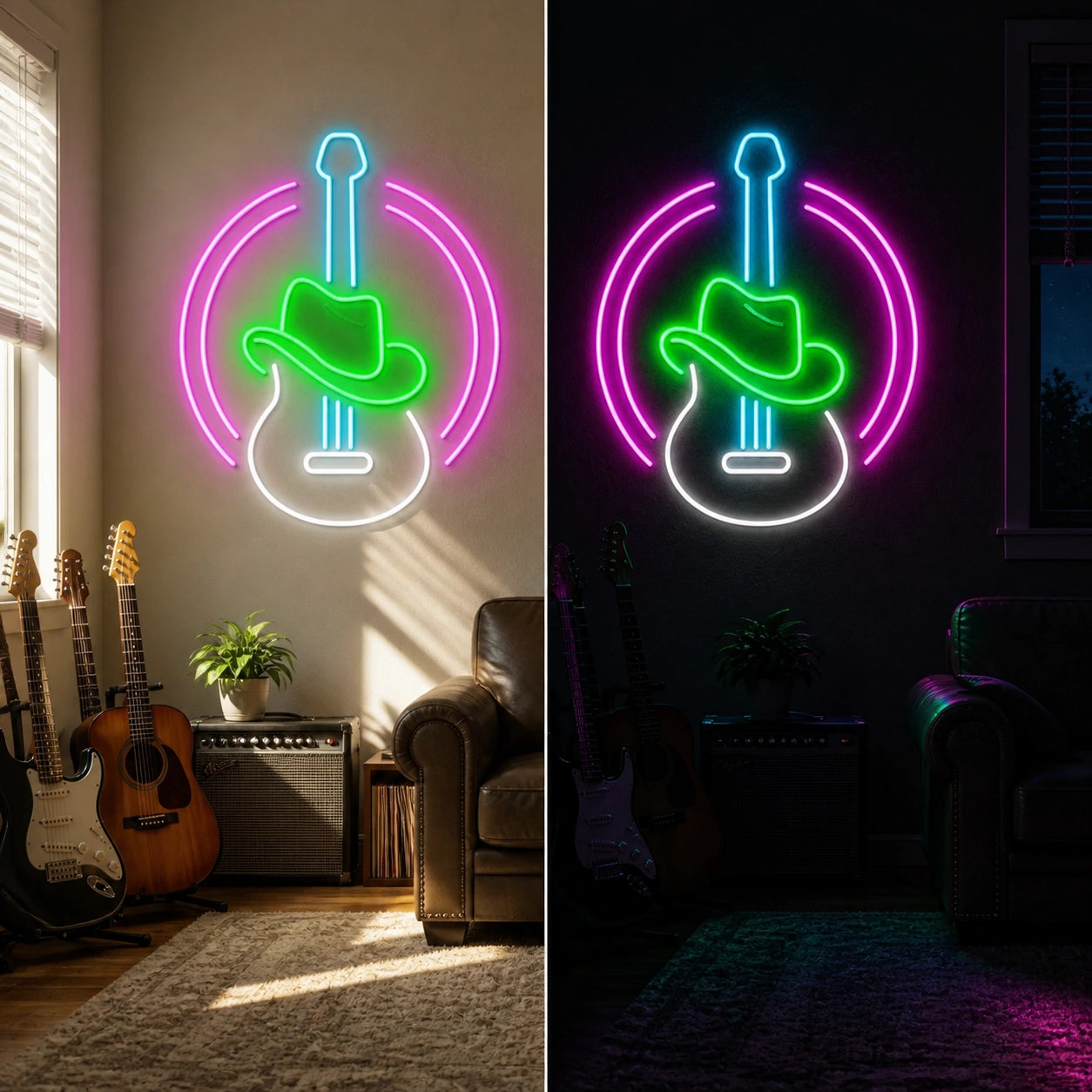 Guitar With Cowboy Hat Man Cave Neon Sign Vintage LED Neon Sign day and night comparison
