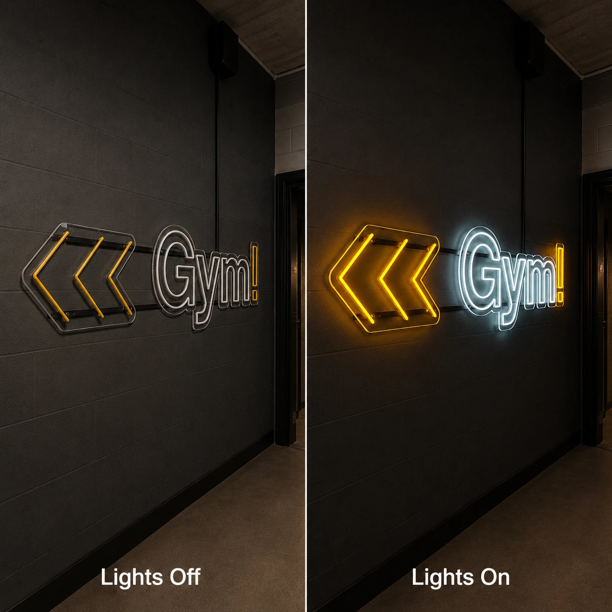Gym Arrow LED Neon Sign - 06 Day Night Comparison