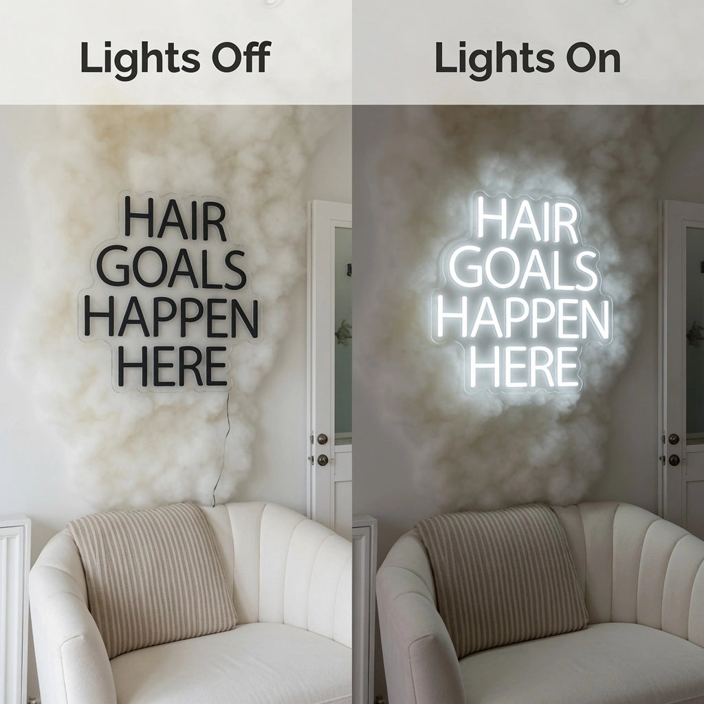 Hair Goals Happen Here LED Neon Sign - 06 Day Night Comparison