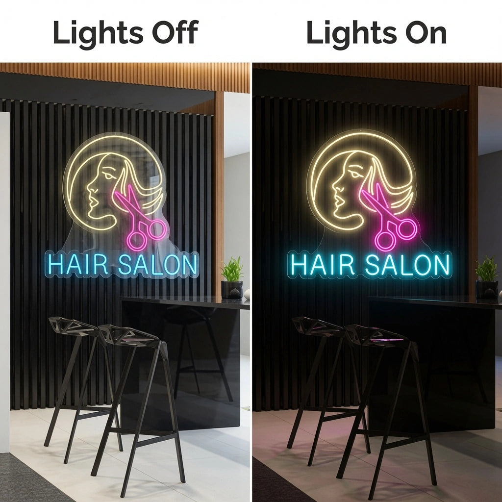 Hair Salon LED Neon Sign - 06 Day Night Comparison