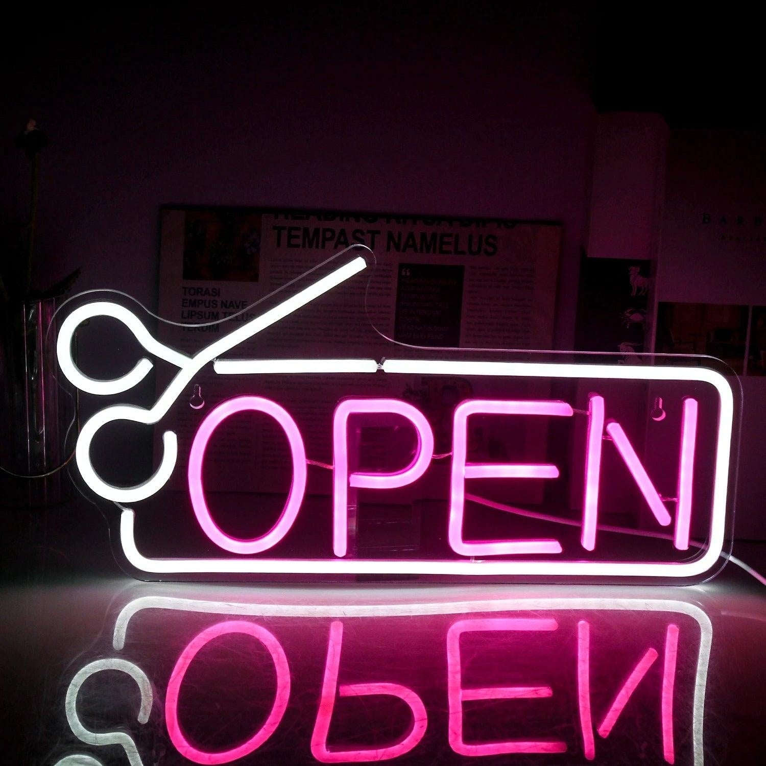 Hair Salon Open Pink White Scissor Led Neon Sign For Shop Decor - Shineneon