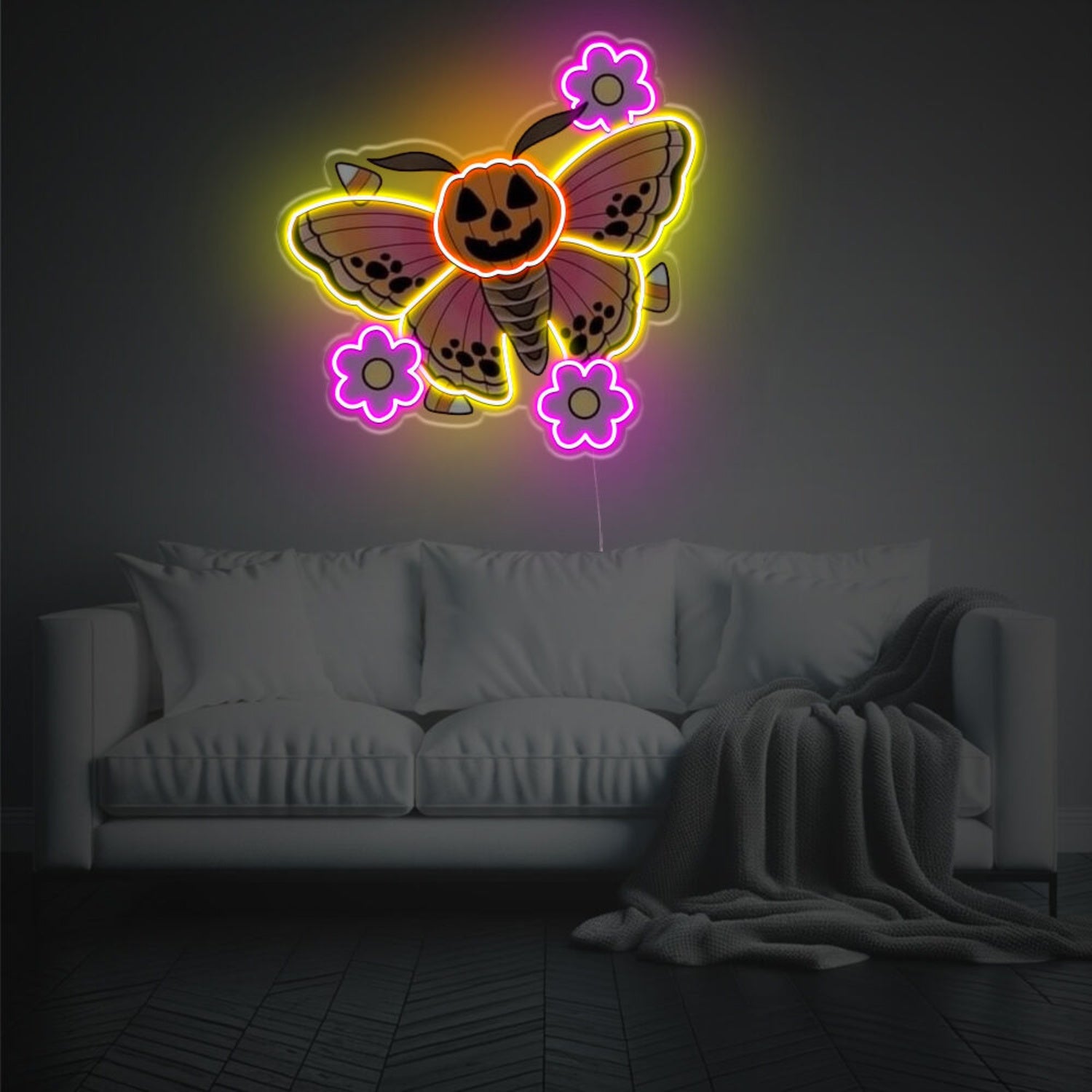 Halloween Pumpkin Butterfly With Flowers Led Neon Acrylic Artwork | Shineneon