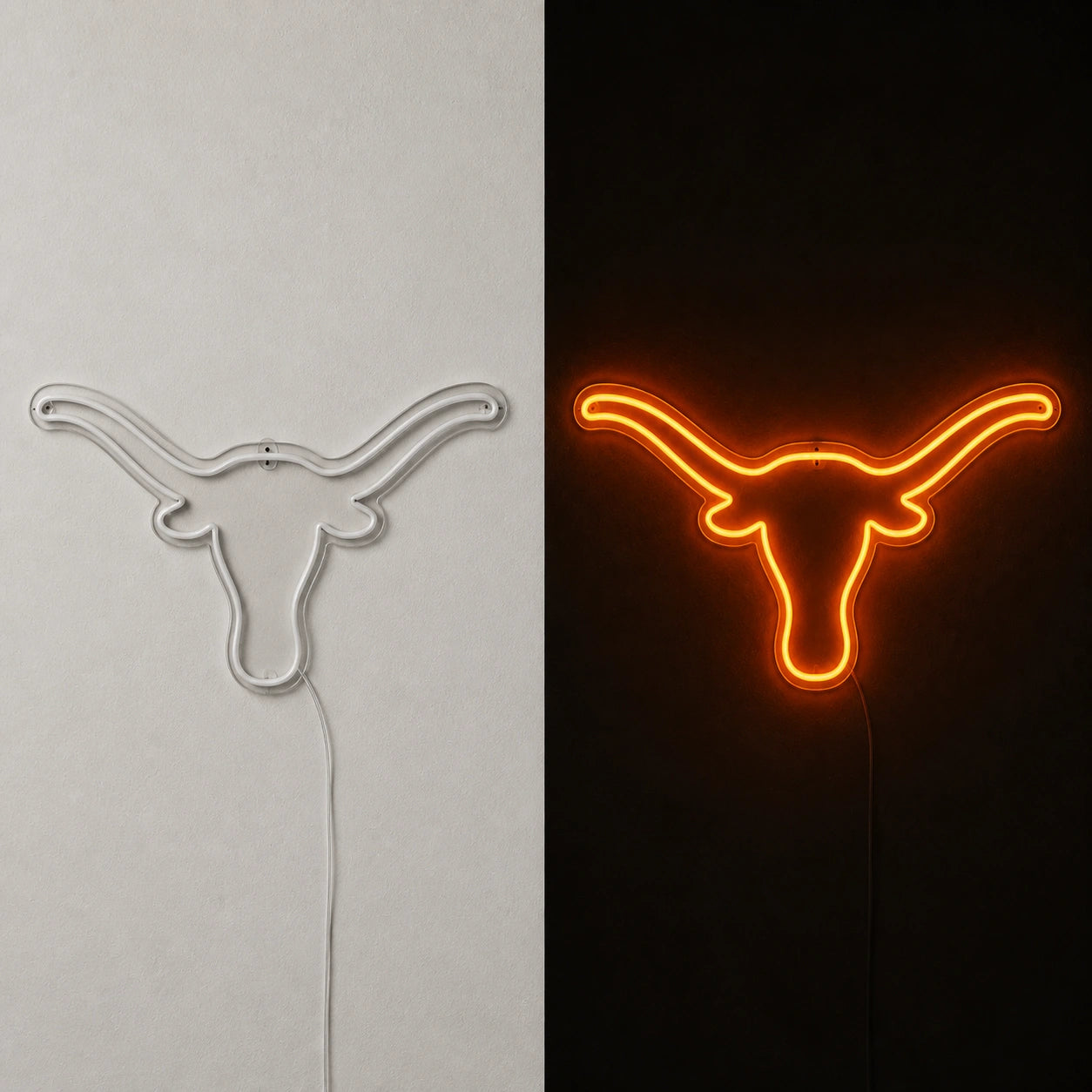 Hand Held Texas Longhorn Vintage LED Neon Sign day and night comparison