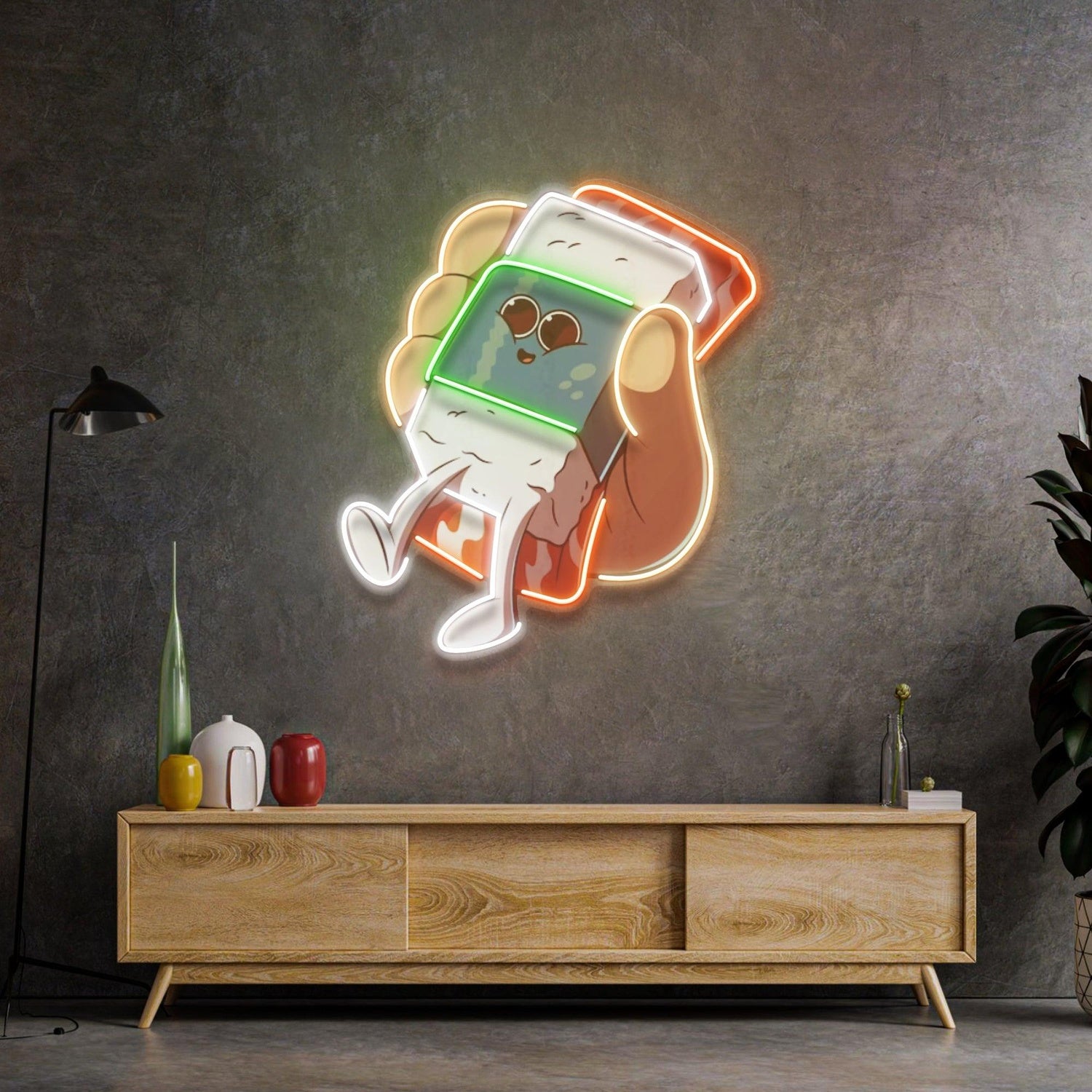 Hand Holding Cute Sushi Orange Green White Uv Printed Led Neon Sign For Home Cafe Decor | Shineneon