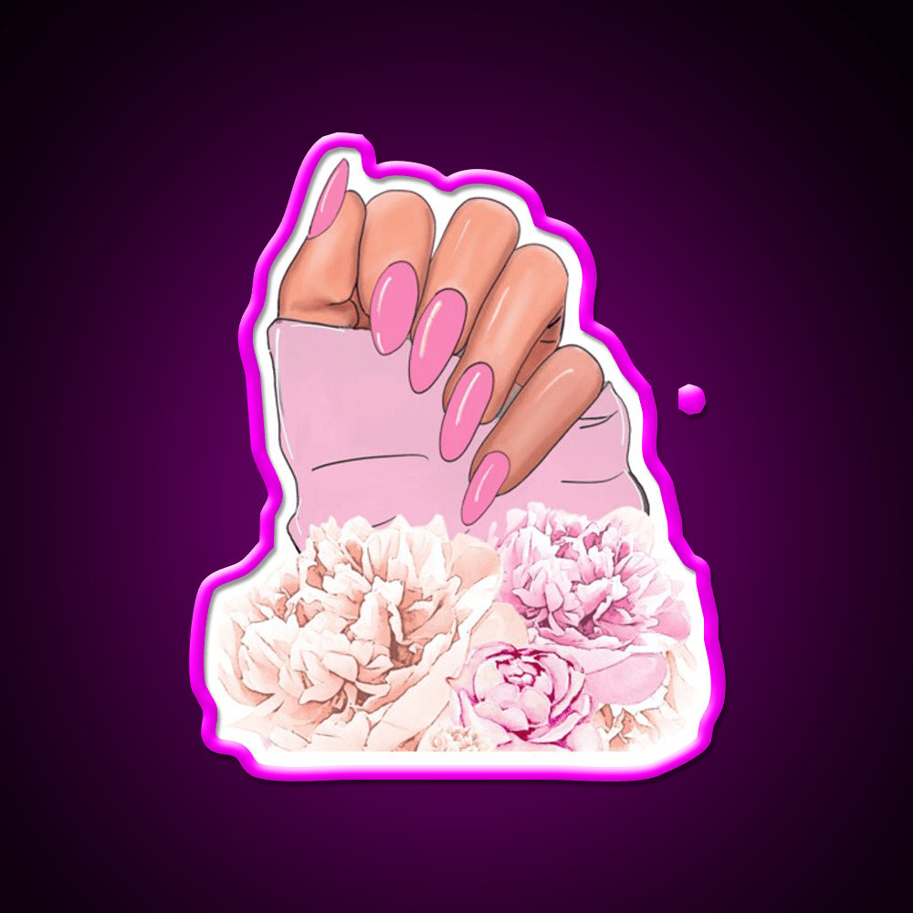 Hand With Pink Nails And Flowers Nail Salon Led Neon Sign Rgb Color - Shineneon