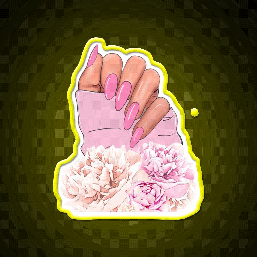 Hand With Pink Nails And Flowers Nail Salon Led Neon Sign Rgb Color - Custom LED neon sign front view