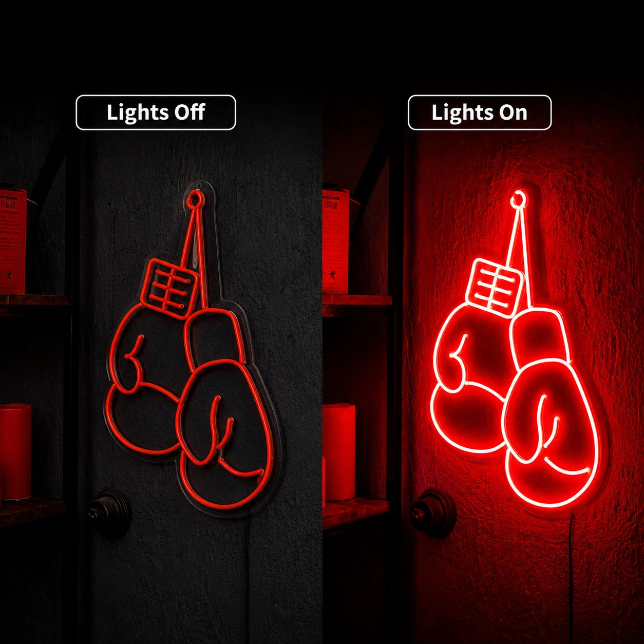 Hanging Boxing Gloves Neon Sign LED Neon Sign day and night comparison