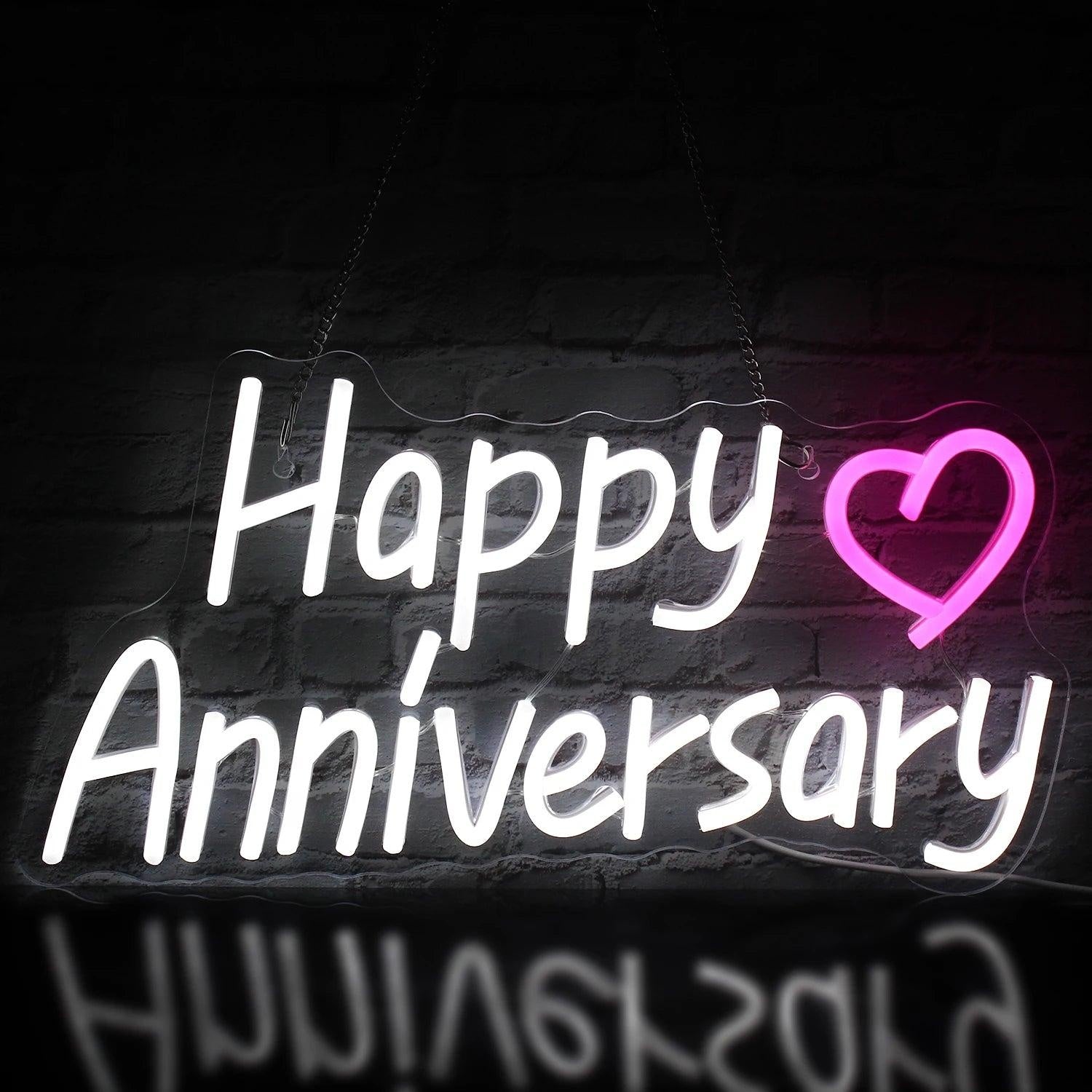 Happy Anniversary White Pink Heart Led Neon Sign For Romantic Anniversary Decor - Shineneon