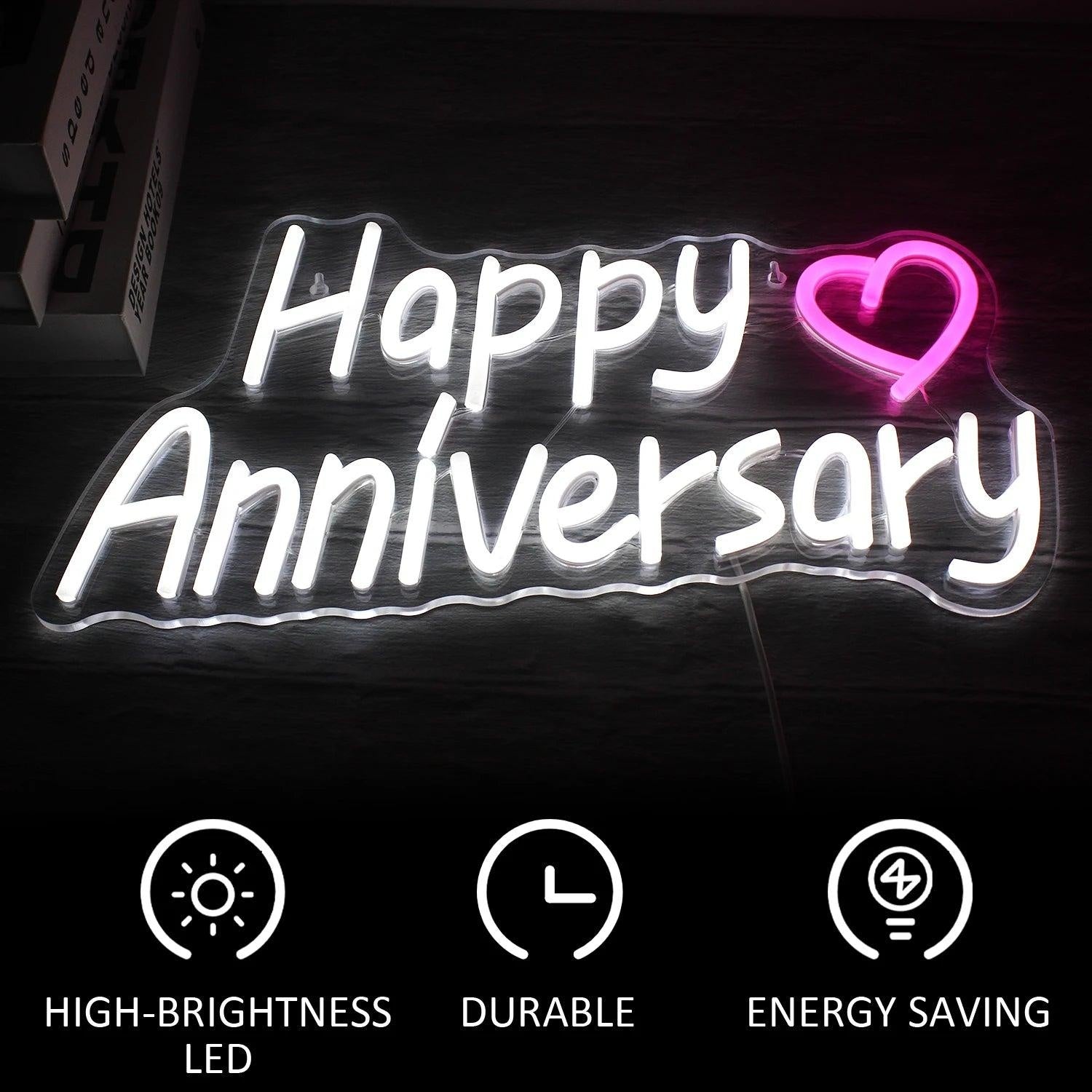 Happy Anniversary White Pink Heart Led Neon Sign For Romantic Anniversary Decor - Shineneon