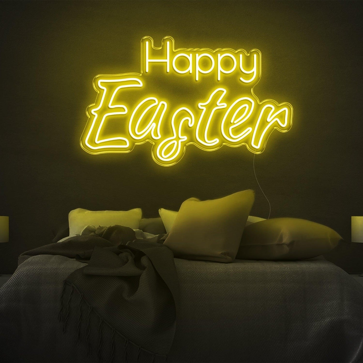 Happy Easter Warm-Yellow Script Led Neon Sign For Bedroom Wall Easter Decor | Shineneon