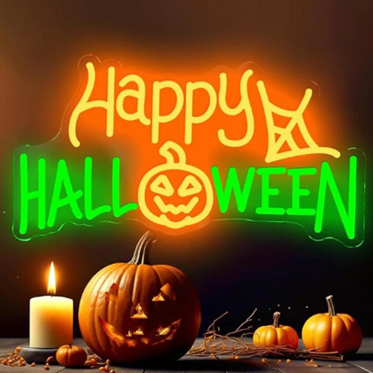 Happy Halloween Led Neon Sign With Pumpkin Spider Web Yellow Green Indoor Decor - Shineneon