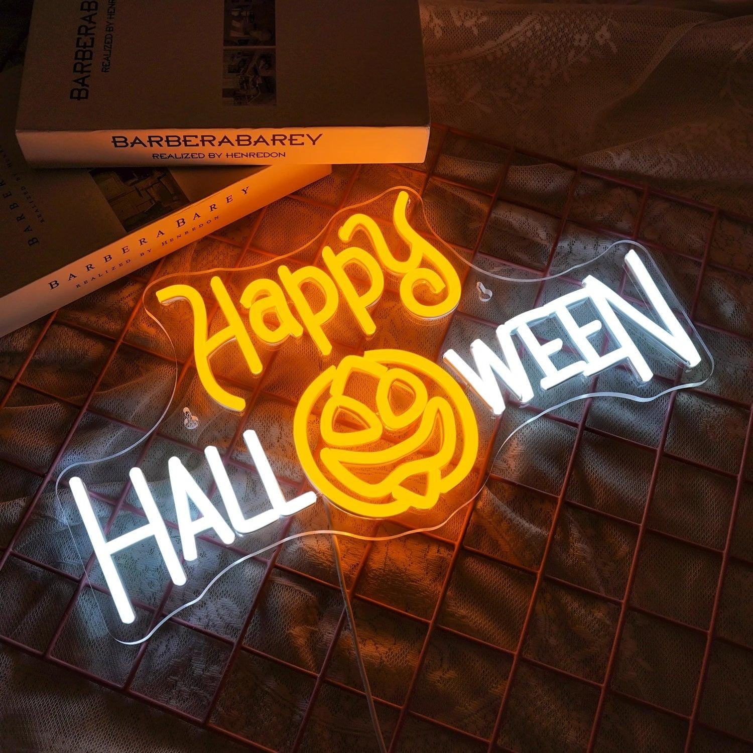 Happy Halloween Led Neon Sign With Pumpkin Spider Web Yellow Green Indoor Decor | Shineneon