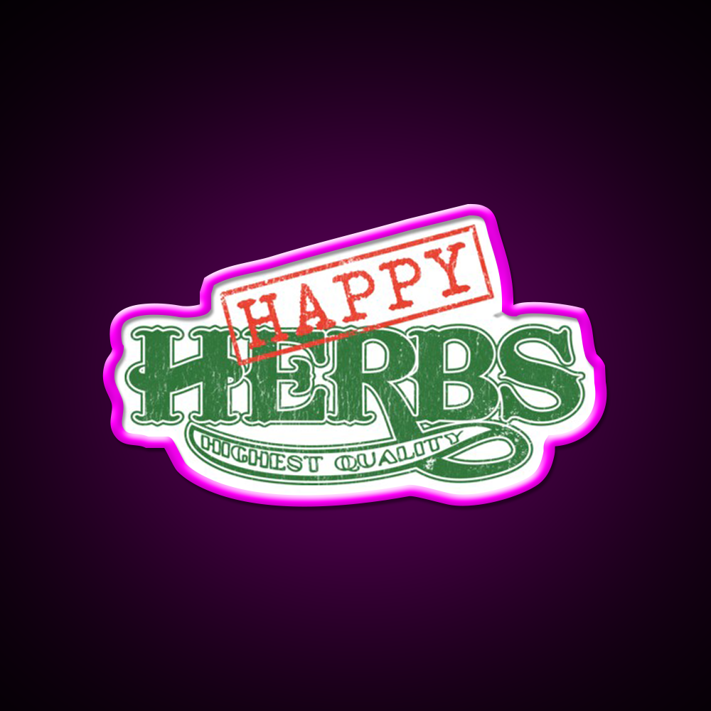 Happy Herbs Vintage Hemp Inspired Green Leaf Led Neon Sign Rgb Color - Neon sign mounted on wall in room