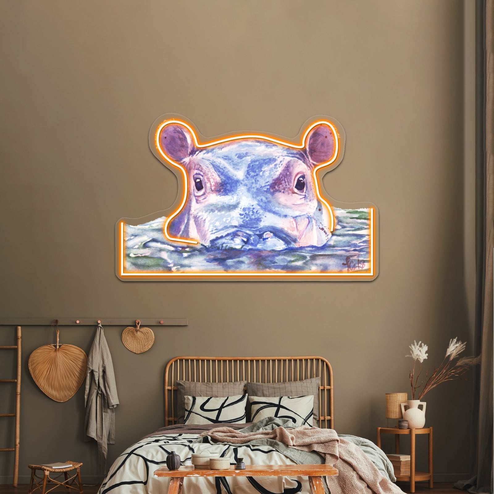 Happy Hippo Watercolor Painting Wall Artwork Neon Signs | Shineneon
