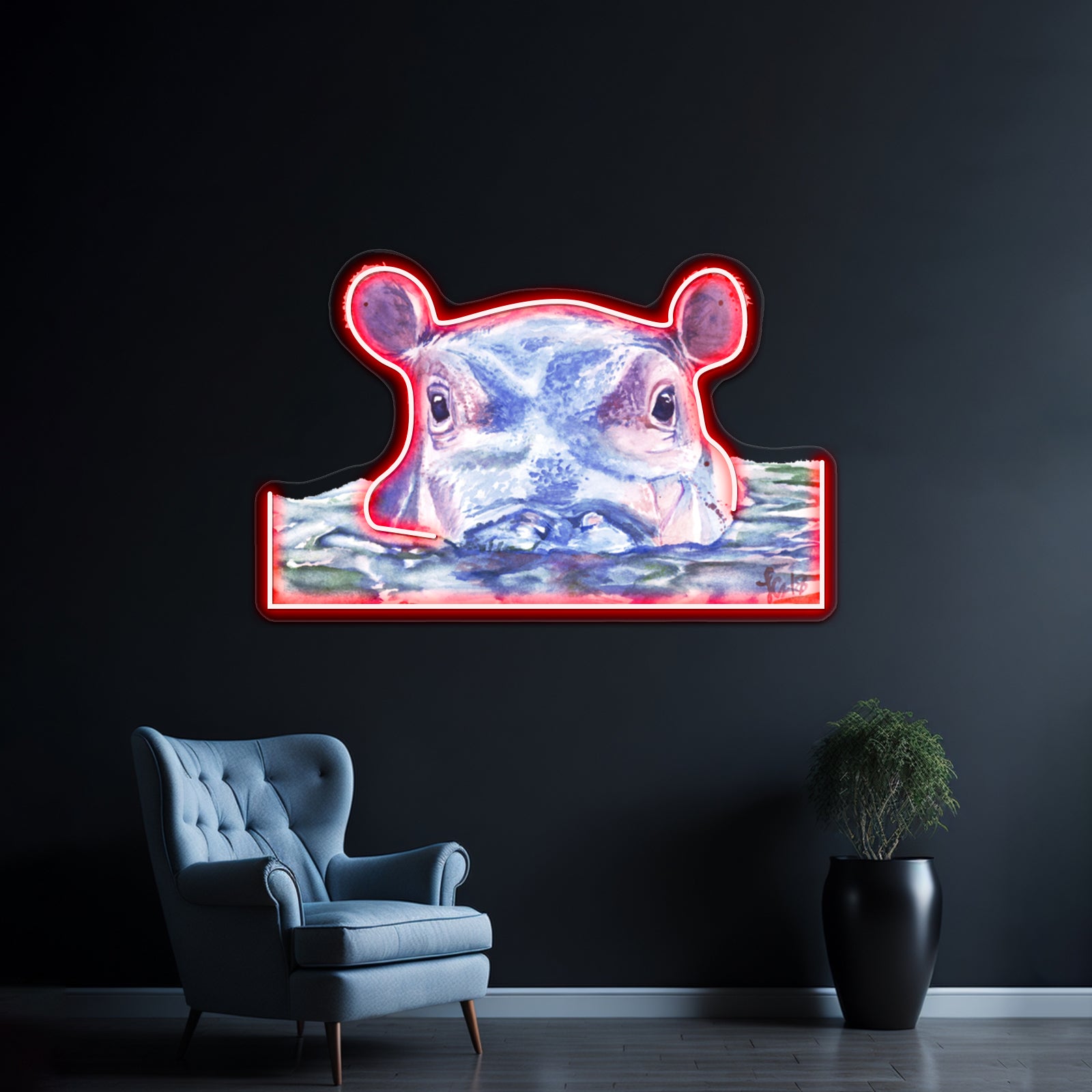 Happy Hippo Watercolor Painting Wall Artwork Neon Signs | Shineneon