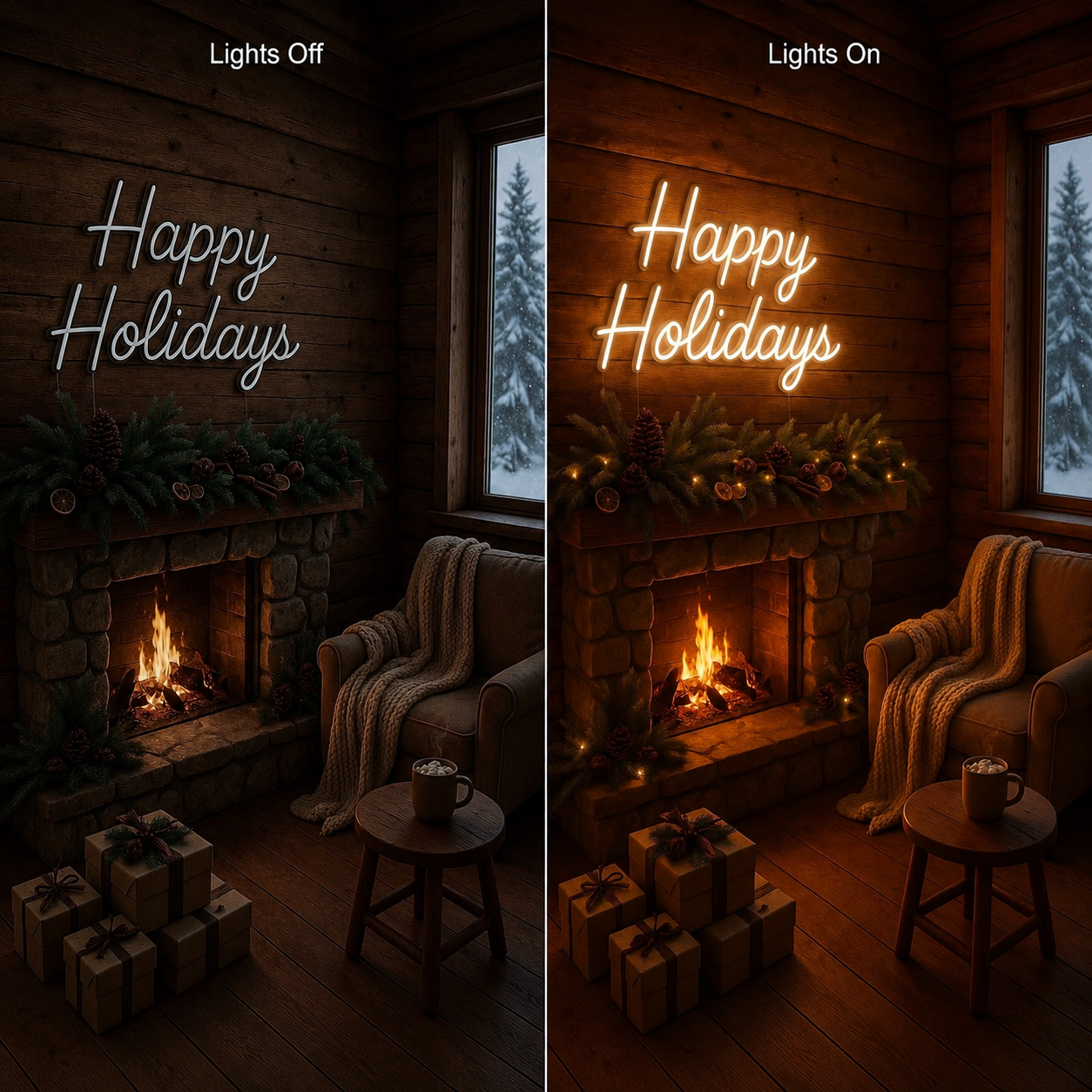 Happy Holidays LED Neon Sign Wall Neon Sign - 06 Day Night Comparison