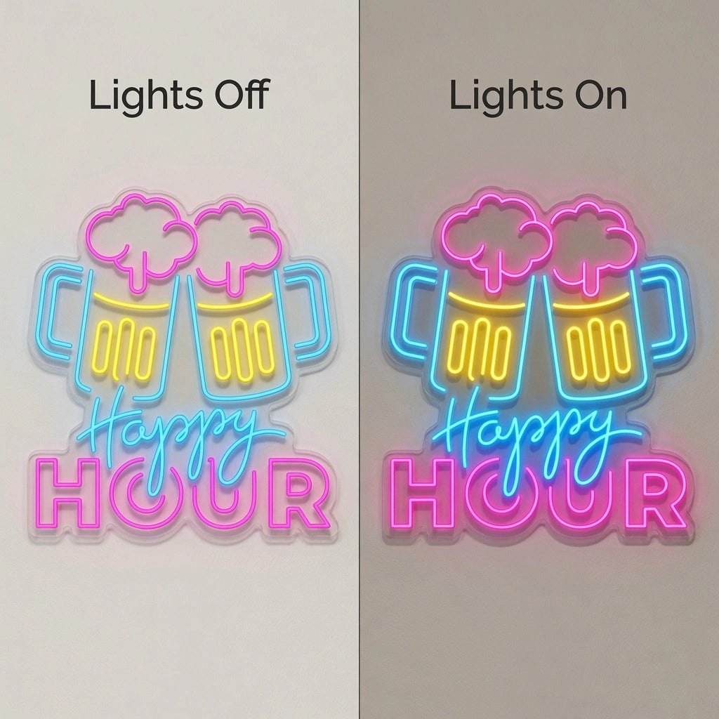 Happy Hour And Two Mugs LED Neon Sign - 06 Day Night Comparison