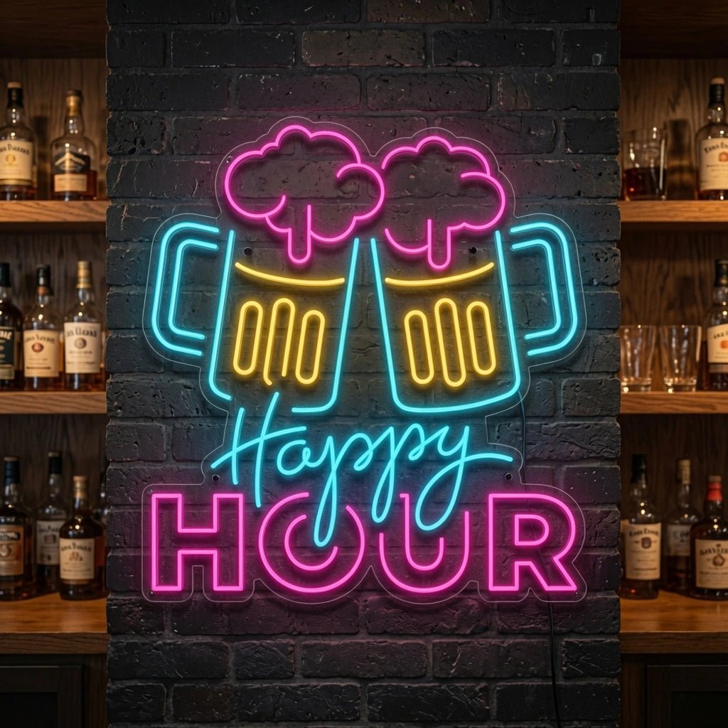 Happy Hour And Two Mugs LED Neon Sign - Shineneon
