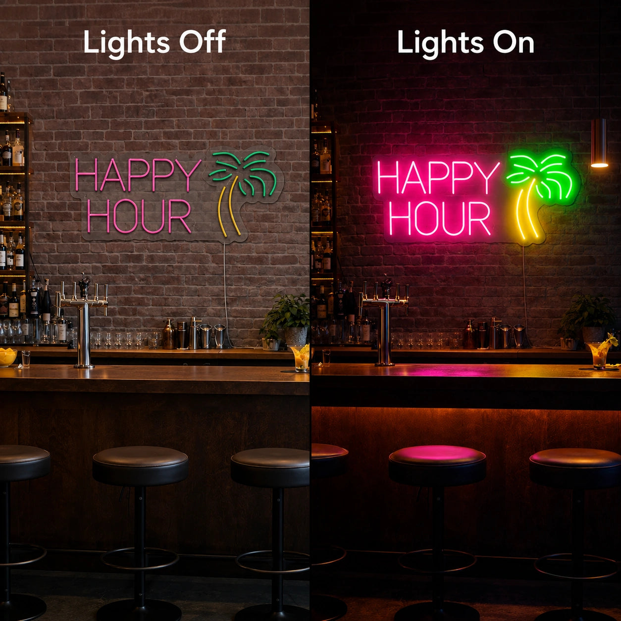 Happy Hour Bar Neon Sign LED Neon Sign day and night comparison