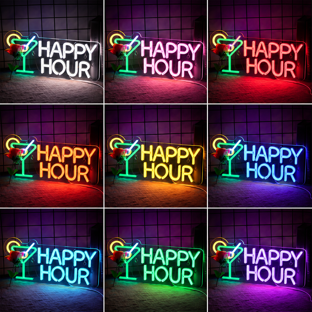 Happy Hour Cocktail LED Neon Sign For Bar Pub Home Bar Wall Decor Light color grid