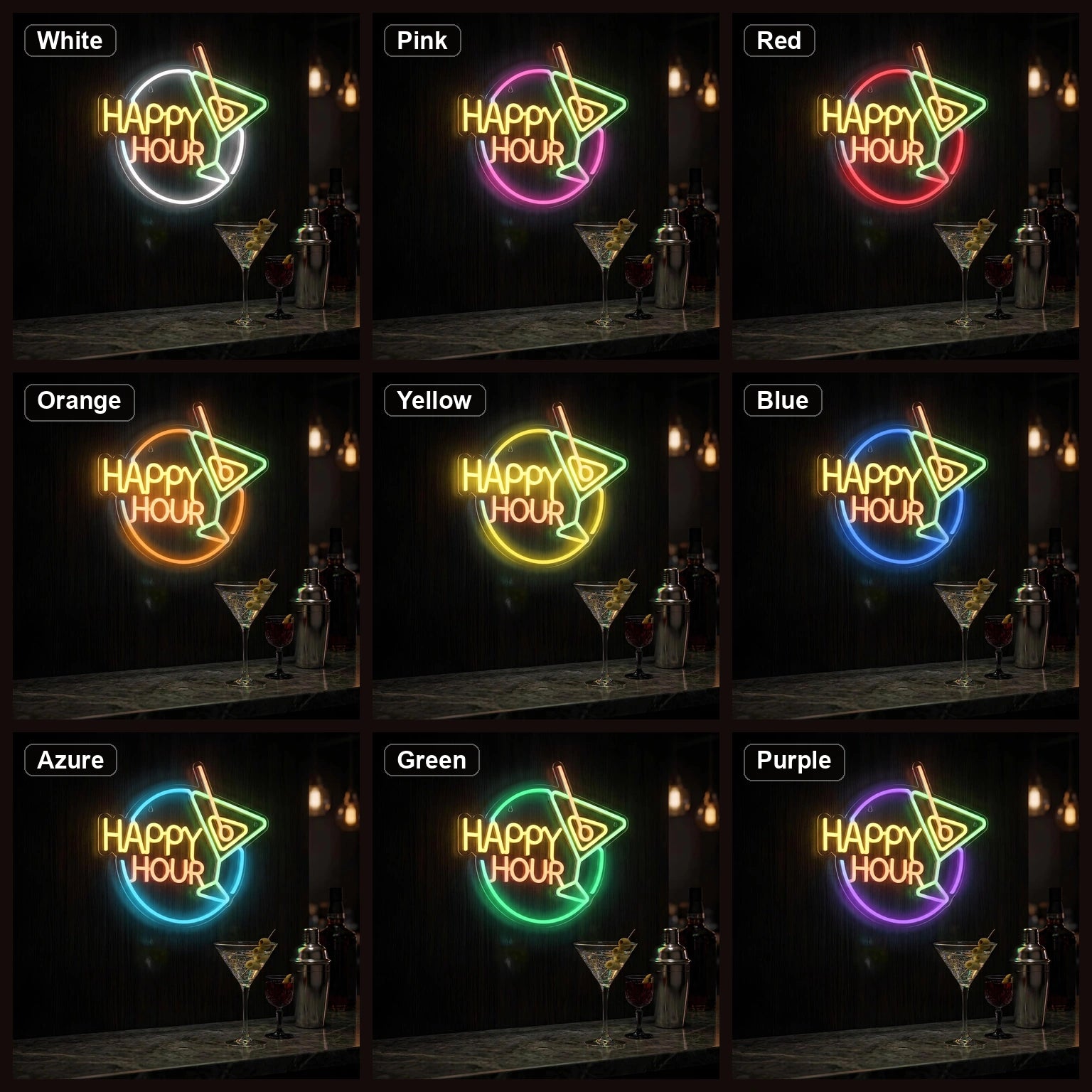 Happy Hour Cocktail LED Neon Sign Home Garage Wall Decoration color grid