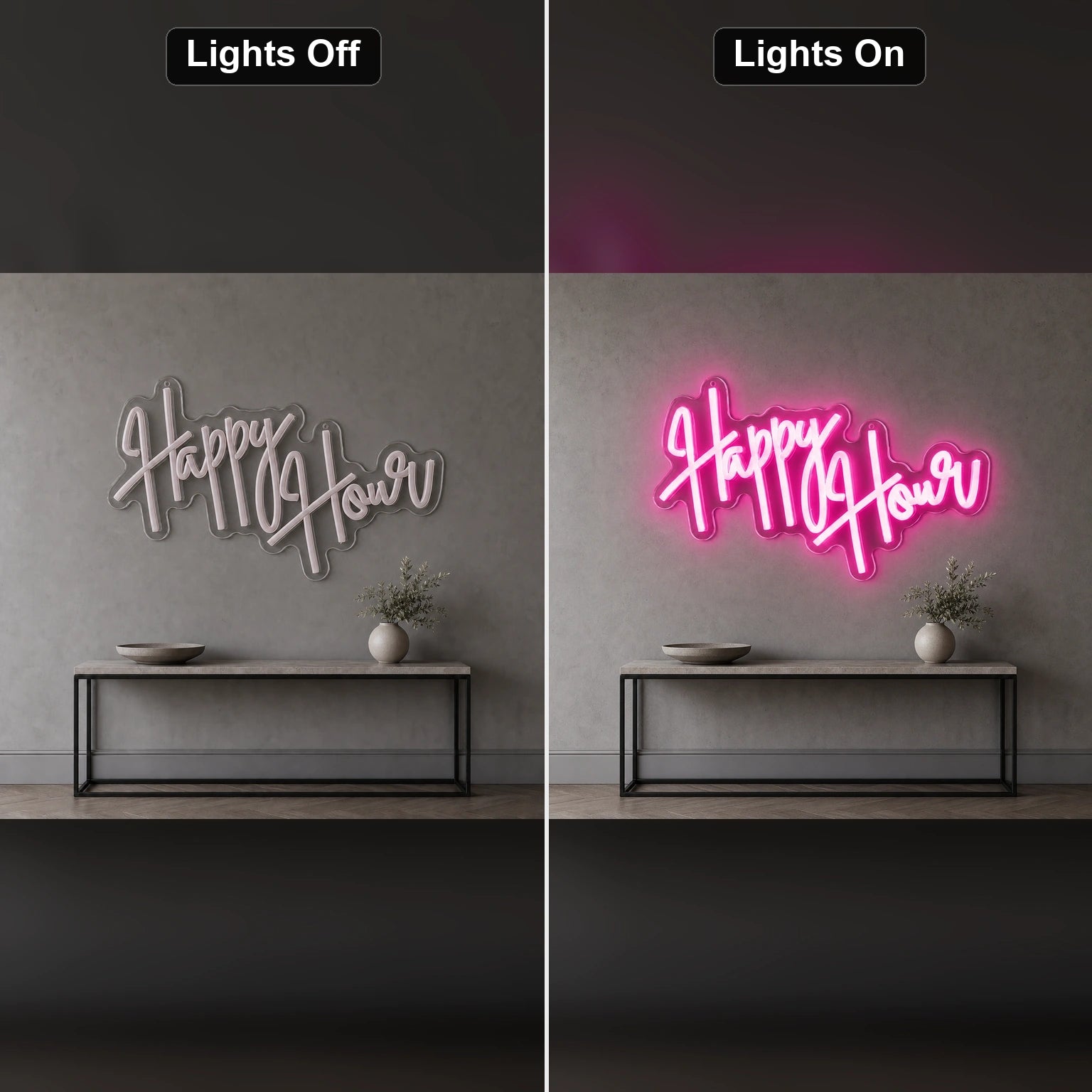 Happy Hour Hanging LED Neon Sign Home Garage Wall Decoration day and night comparison