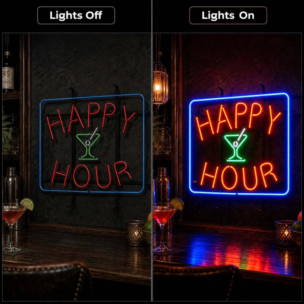 Happy Hour Martini Neon Sign Wall Art LED Neon Sign day and night comparison