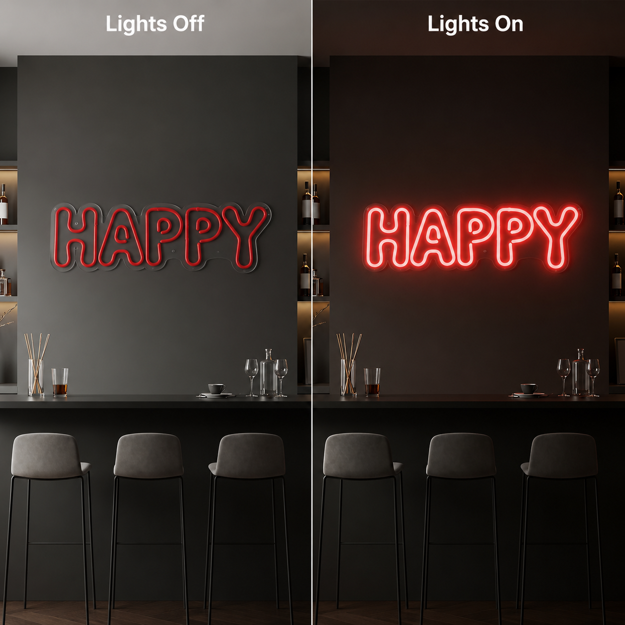 Happy LED Neon Sign Home Wall Art - 06 Day Night Comparison