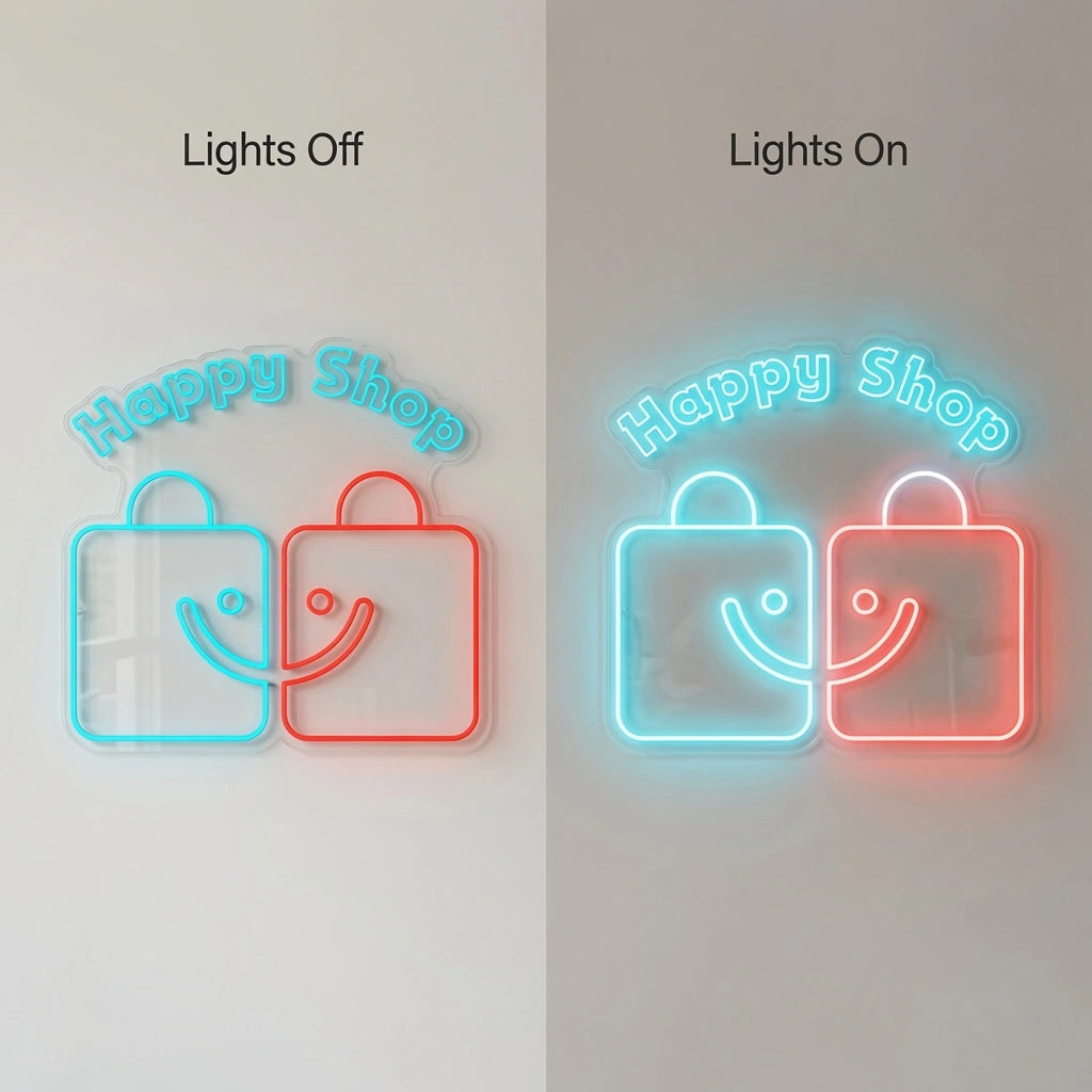 Happy Shop LED Neon Sign - 06 Day Night Comparison