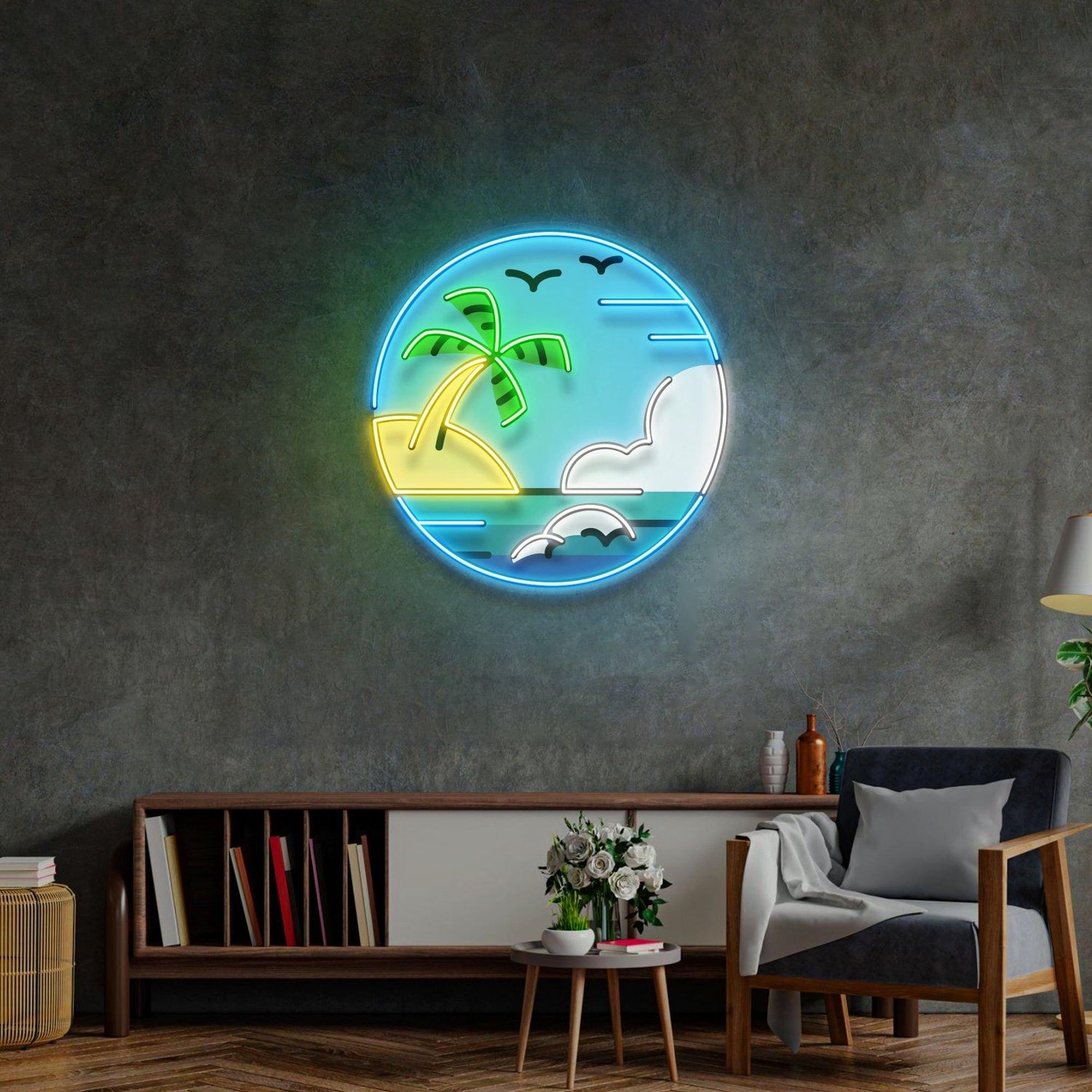Hawaii Beach Circle Uv Printed Led Neon Sign Tropical Indoor Wall Decor For Home Cafe | Shineneon