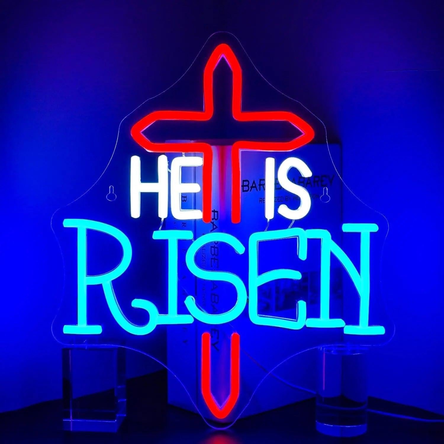 He Is Risen Cross Led Neon Sign Red White Teal Religious Indoor Decor - Shineneon