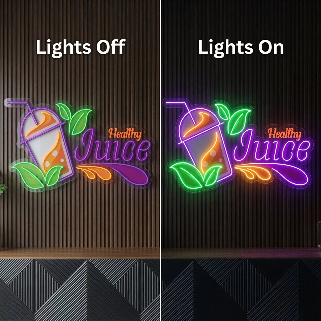 Healthy Juice LED Neon Sign - 06 Day Night Comparison