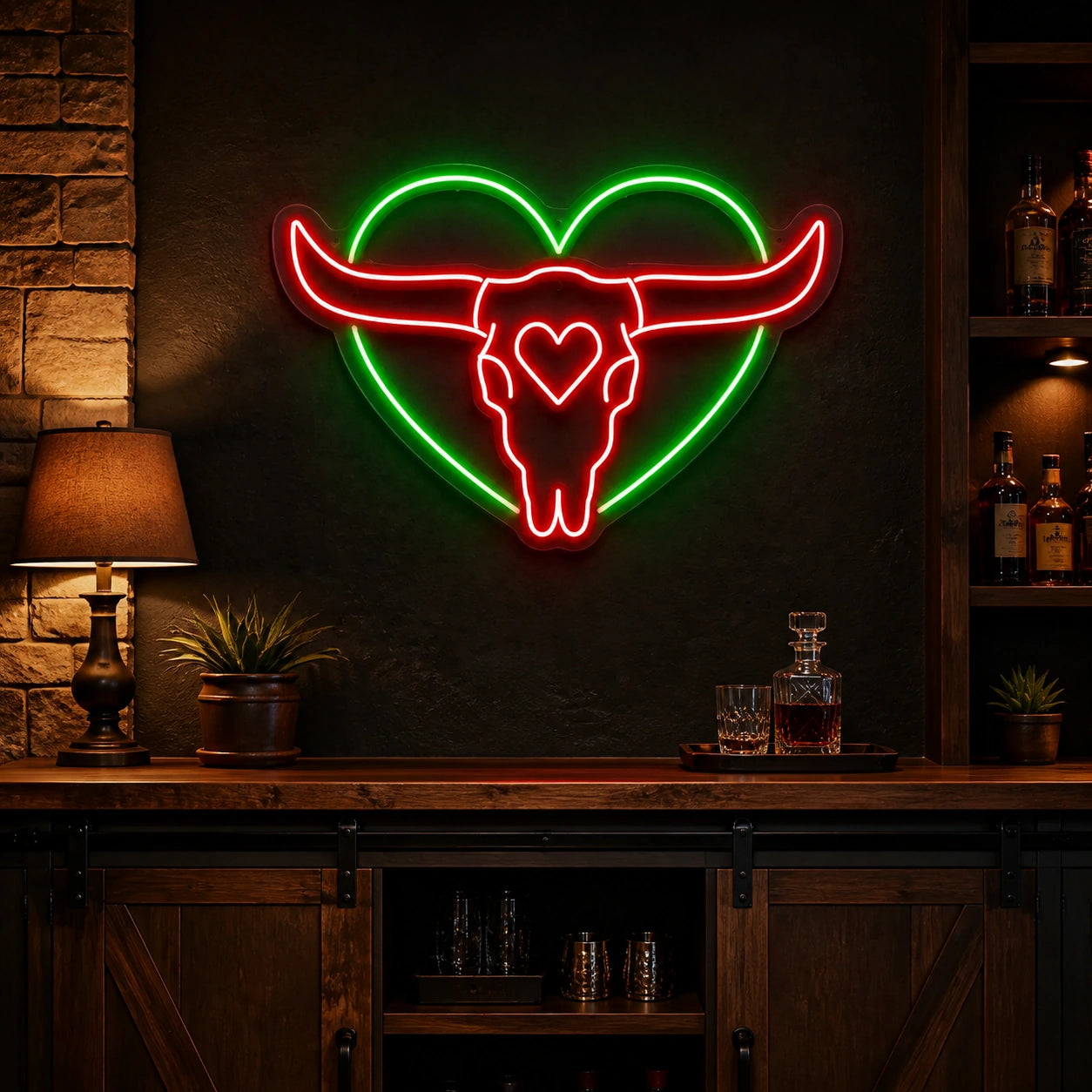 Heart Bull Skull Vintage LED Neon Sign real lifestyle scene