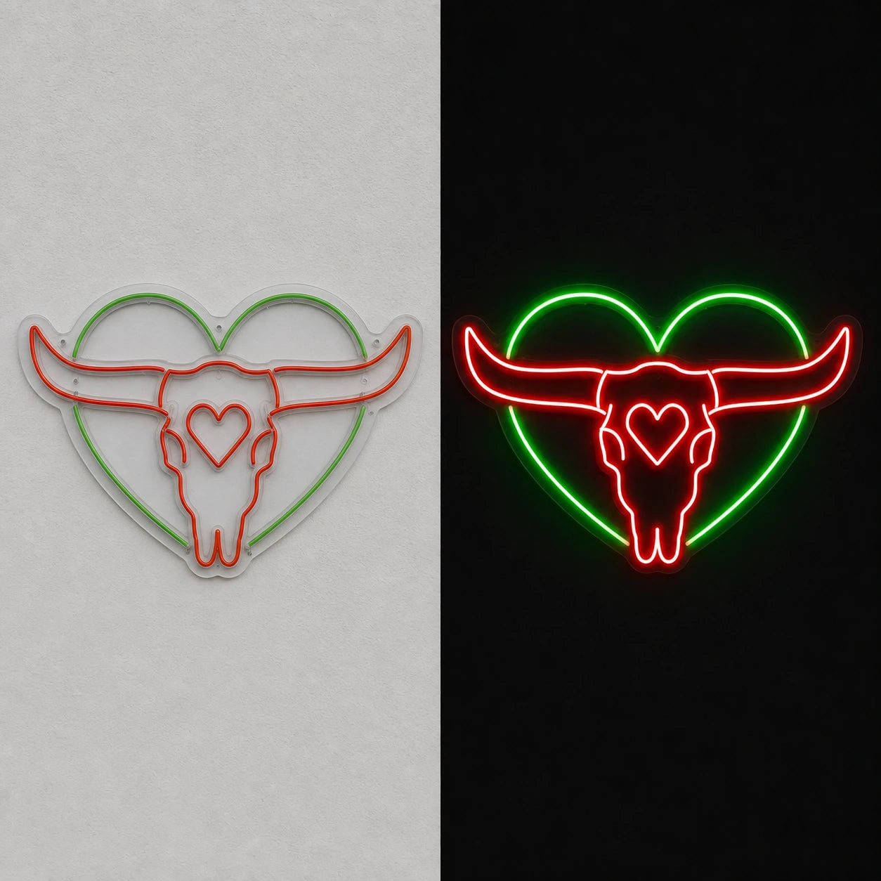 Heart Bull Skull Vintage LED Neon Sign day and night comparison