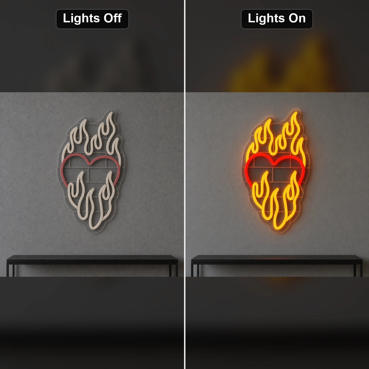 Heart Surrounded By Flames LED Neon Sign Home Garage Wall Decoration day and night comparison
