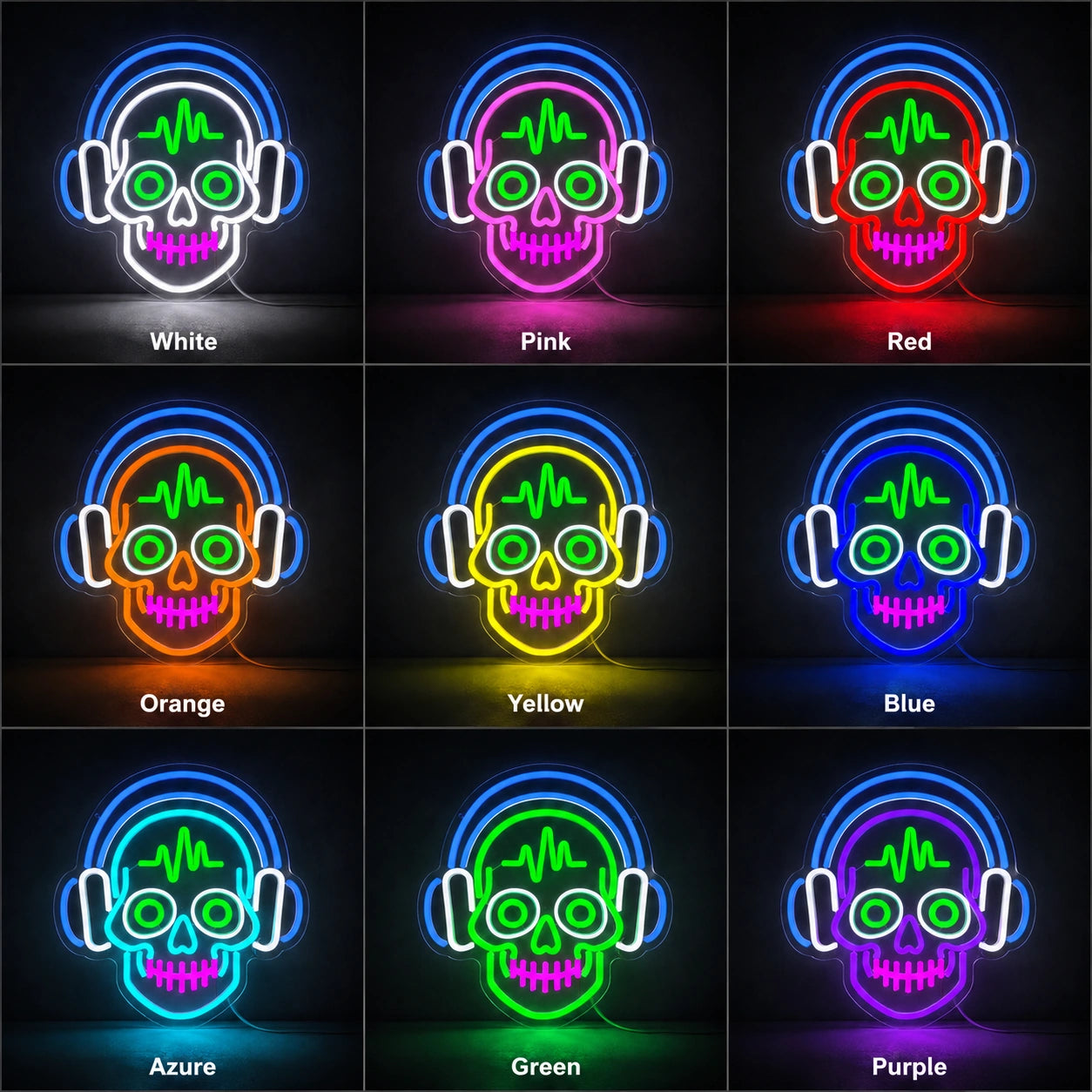 Heartbeat Headphones Skull LED Neon Sign day and night comparison