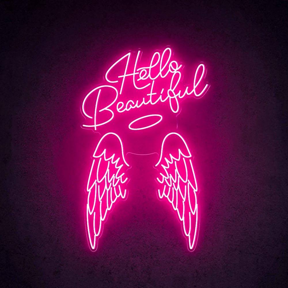 Hello Beautiful Angel Wings White Led Neon Sign For Salon Home Decor | Shineneon