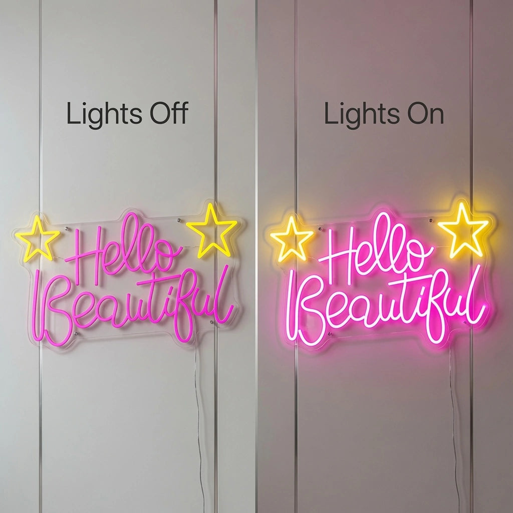 Hello Beautiful LED Neon Sign Home Wall Art - 06 Day Night Comparison