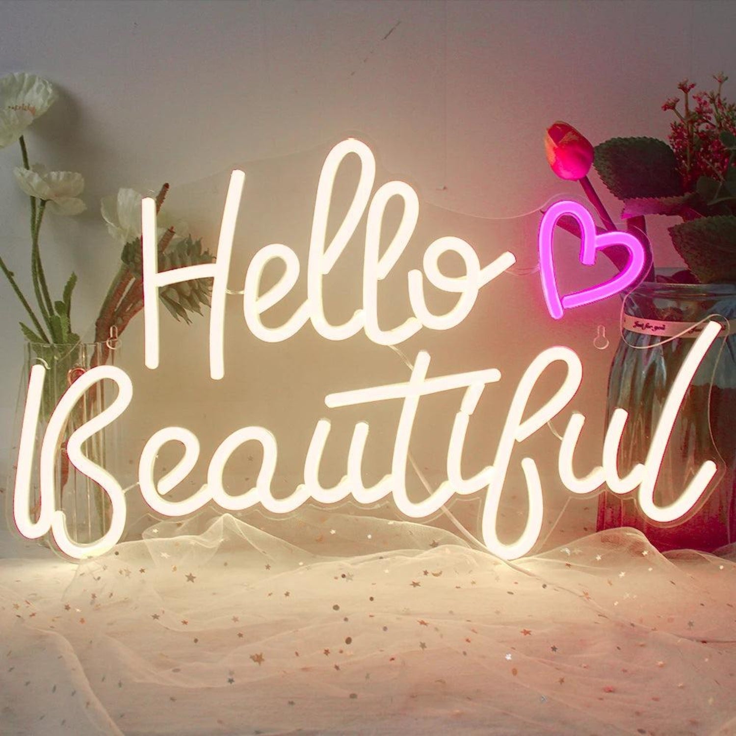 Hello Beautiful White Pink Heart Led Neon Sign Usb-Powered Home Bedroom Decor | Shineneon