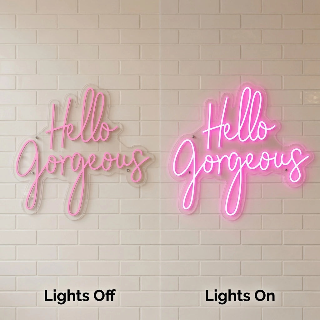 Hello Gorgeous Business Wall Decor LED Neon Sign - 06 Day Night Comparison