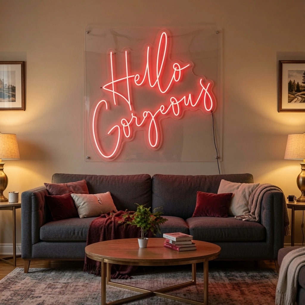 Hello Gorgeous Cafe Wall Art LED Neon Sign - 03 Real Lifestyle Scene