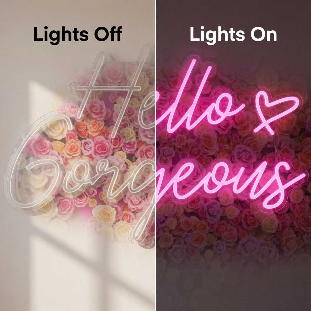 Hello Gorgeous LED Neon Sign Bedroom Decor - 06 Day Night Comparison