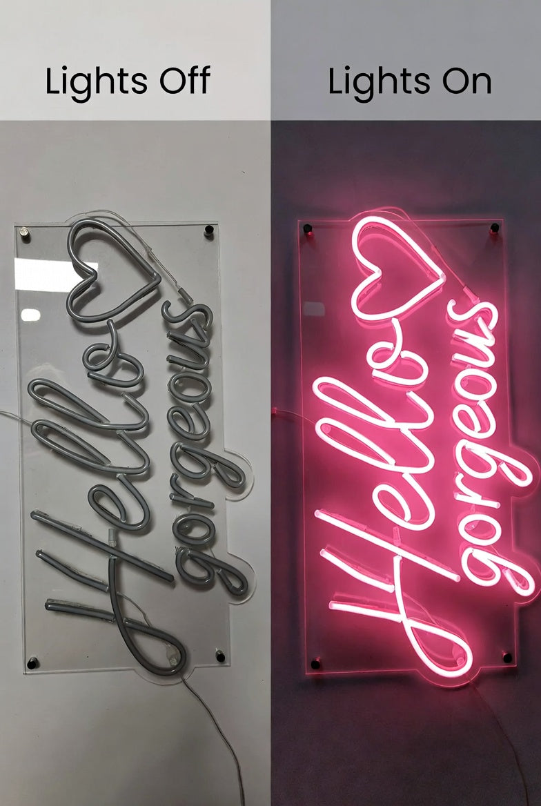 Hello Gorgeous LED Neon Sign Home Wall Art - 06 Day Night Comparison
