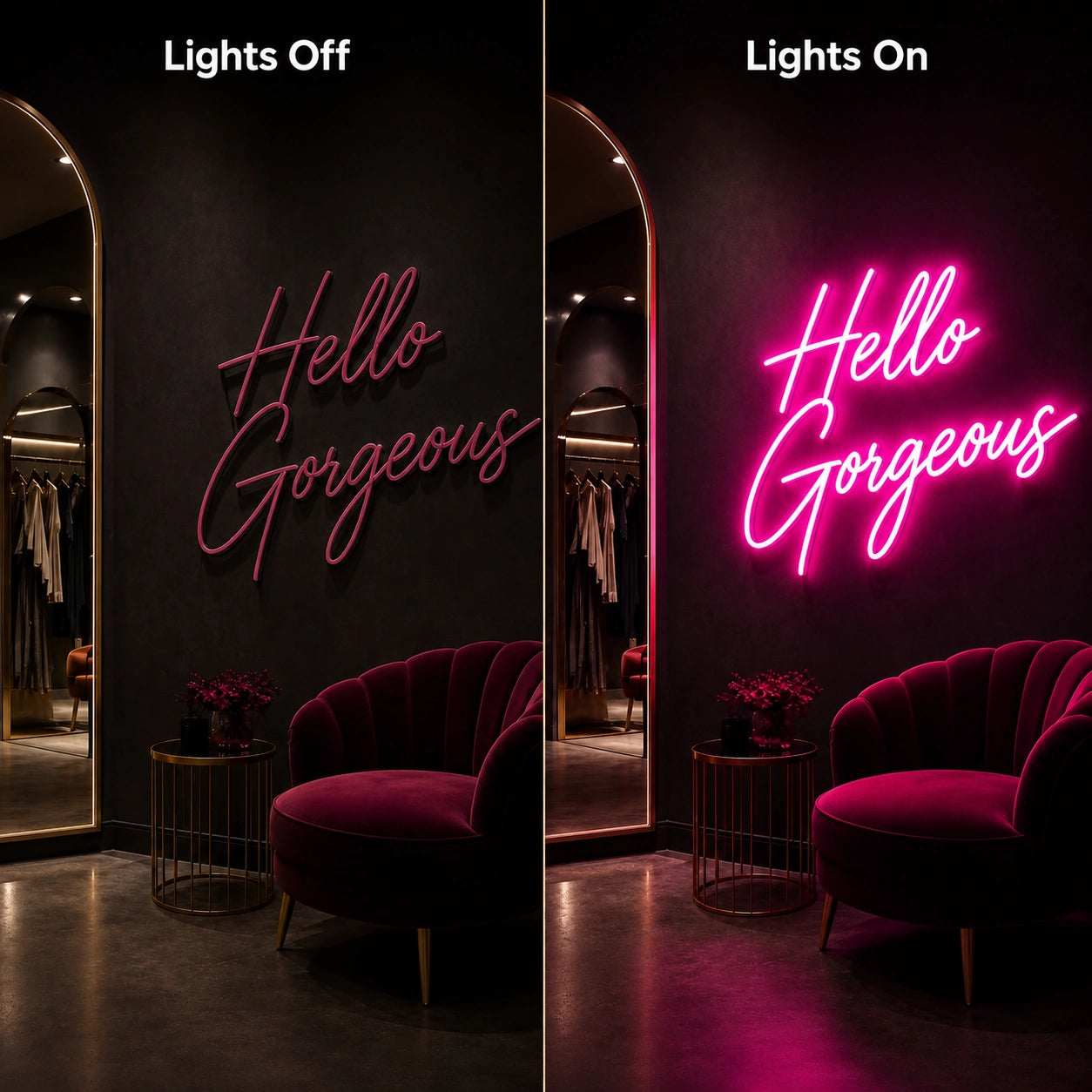 Hello Gorgeous LED Neon Sign Wall Decor - 06 Day Night Comparison